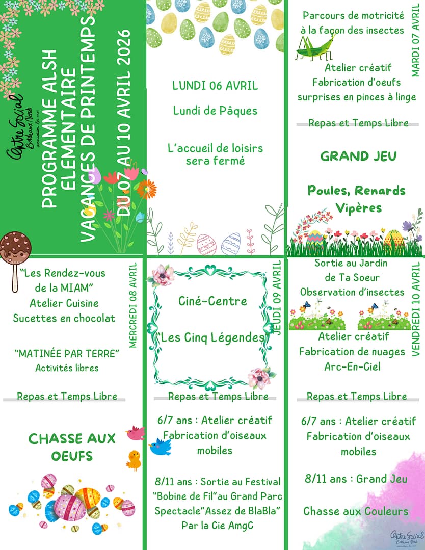 vacances printemps 2026 élémentaire 1/2